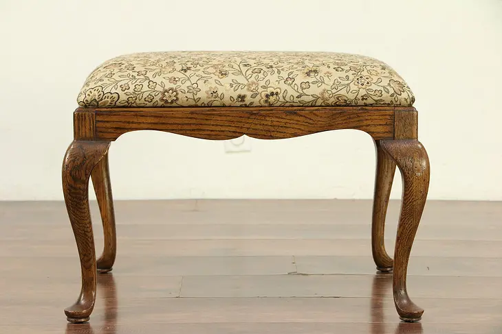 Oak Carved Vintage Bench or Stool, New Upholstery, Signed Drexel Heritage #30069
