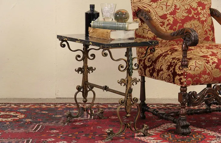 Marble & Wrought Iron 1920's Chairside, Coffee or Cocktail Table