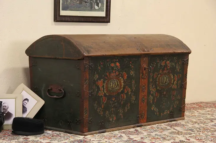 Scandinavian 1823 Painted Immigrant Dowry Trunk, Blanket Chest