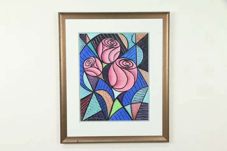 Three Roses, Original Oil Pastel Painting, Custom Frame, Bruce Bodden #30947