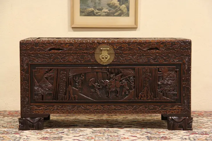 Carved Chinese Camphor Trunk or Coffee Table
