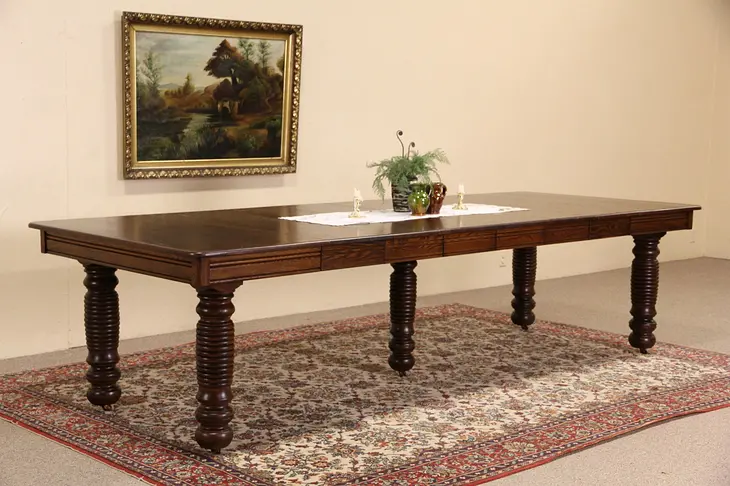 Victorian 1900 Antique Oak &  Ash Square Dining Table, Extends 9' 9" Long