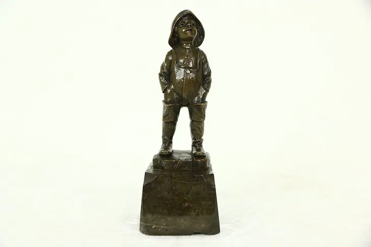 Bronze Antique Statue of a Boy wearing Hat & Rainboots, Marble Base