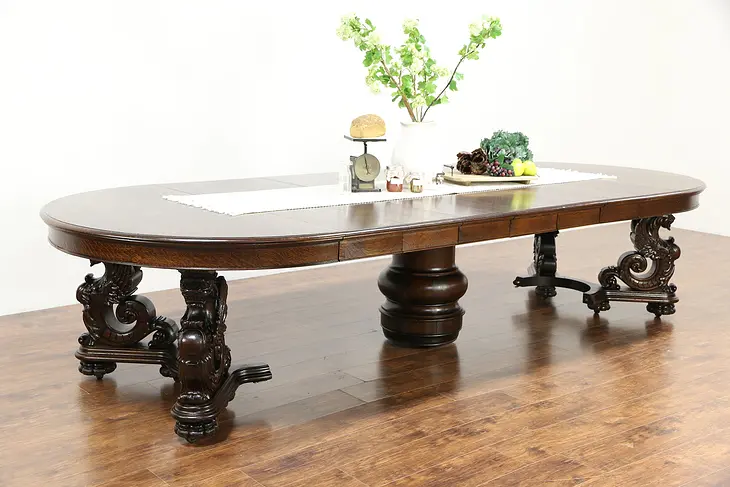 Oak Griffin Carved 1900 Antique Dining Table, 7 Leaves, Extends 12' Berkey & Gay