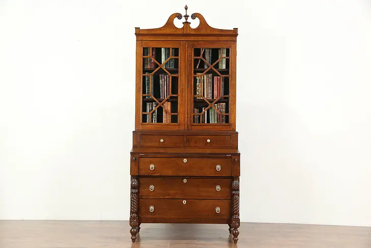 Sheraton 1830 Antique Curly Tiger Maple Secretary Desk & Bookcase
