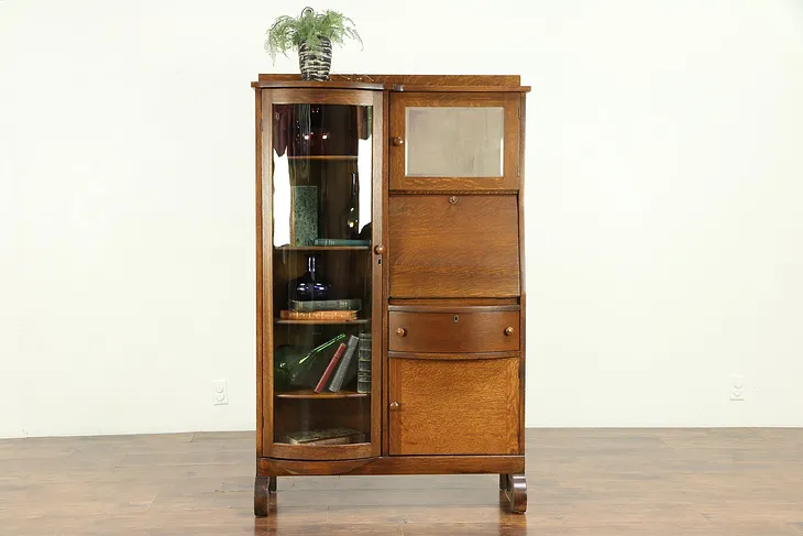 Oak Antique Side By Side Secretary Desk & Bookcase, Curved Glass #30691
