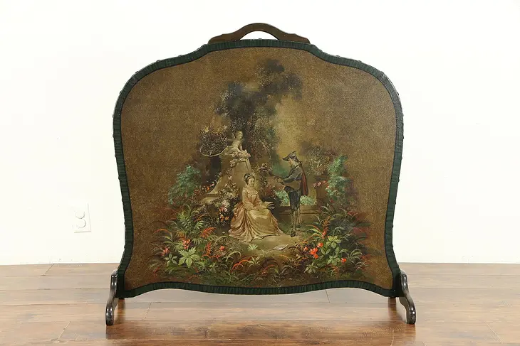 Fireplace Screen Antique Hand Painted Garden Courting Scene #30954