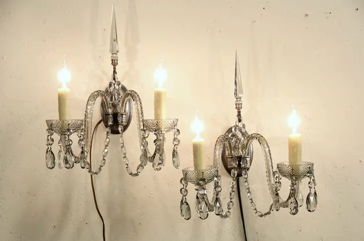 Pair 1920's Smoke Crystal Antique Wall Sconce Lights