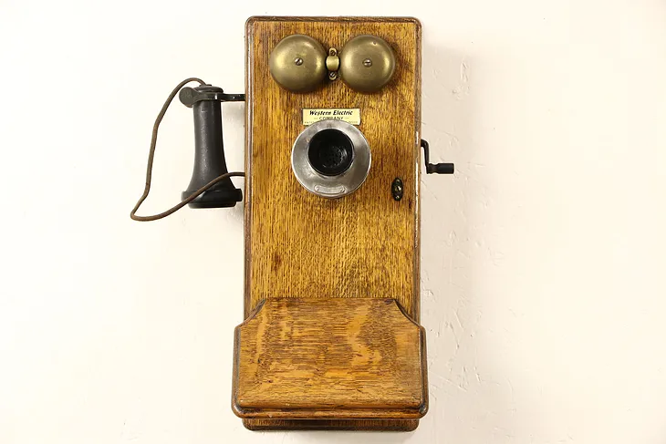 Oak Western Electric Signed Antique Wall Phone, Crank Generator, Pat. 1913