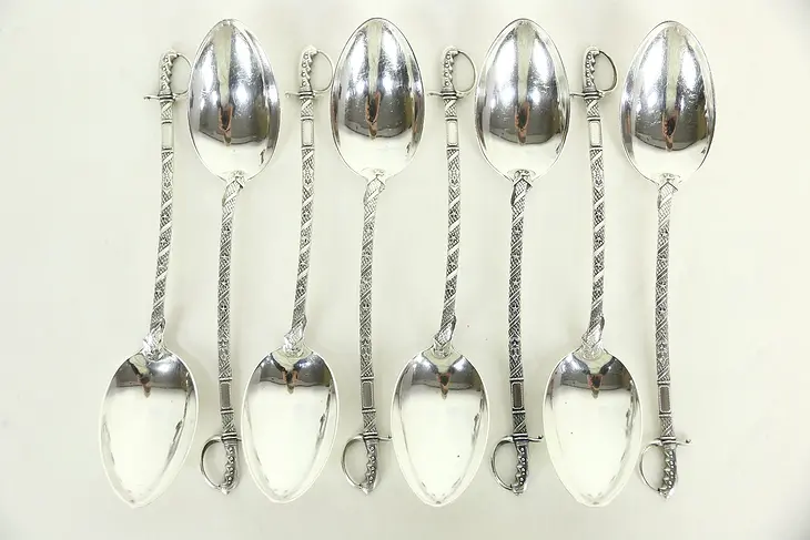 Sword Handle Sterling Silver Set of 8 Antique Teaspoons, C&O Hallmarks