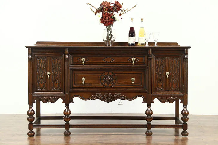 English Tudor Style 1920's Antique Sideboard, Server or Buffet