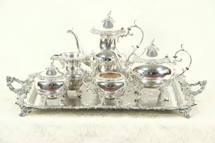 Silverplate Vintage 6 Pc. Tea & Coffee Set with Engraved Tray, signed GS?