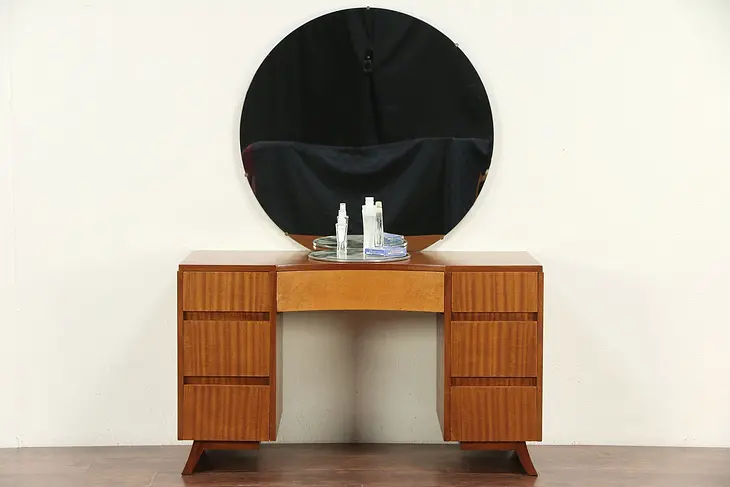 Midcentury Modern Desk or Vanity & Mirror, 1960 Vintage Curly Maple RWay #29523