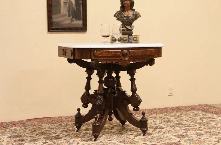 Victorian Renaissance 1875 Antique Marble Top Parlor Lamp Table