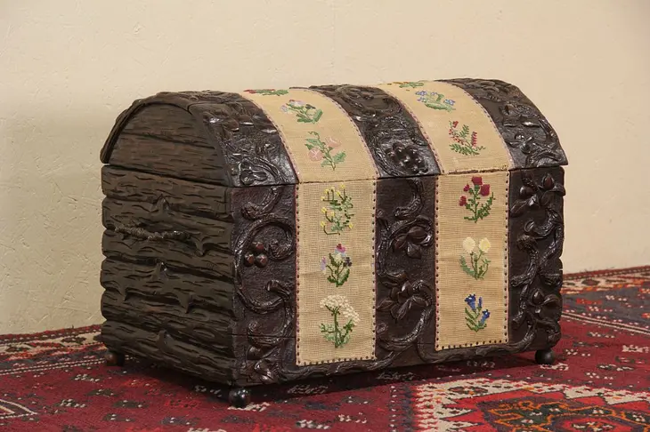 Swiss Black Forest Carved 1870 Antique Dowry Chest, Needlework Panels