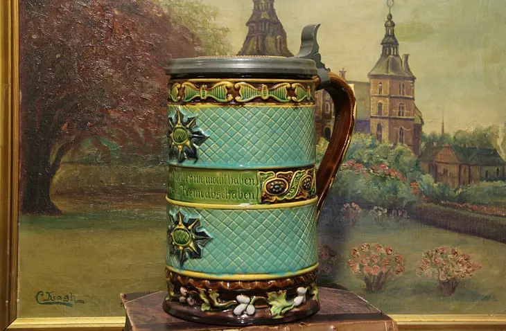 Majolica Hand Painted German Antique 1900 Stein, Pewter Mounts