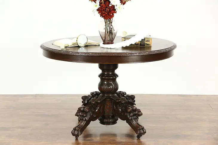 Black Forest Carved Oak Antique Library, Game, Breakfast or Dining Table