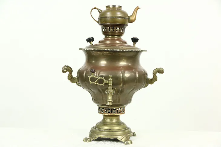 Russian Antique Copper & Brass Signed Samovar Tea Kettle with Tea Pot
