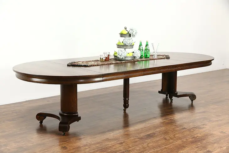 Round 54" Quarter Sawn Oak 1900 Antique Pedestal Dining Table, Extends 10 1/2'