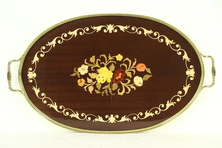Oval Mahogany Marquetry Vintage Serving Tray with Gallery, Italy