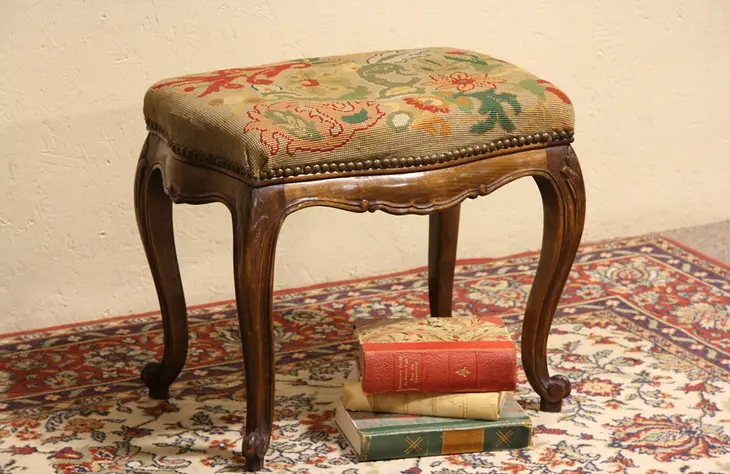 Country French Needlepoint Carved Footstool or Bench