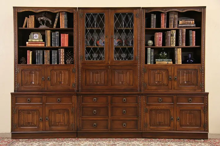 Oak Vintage Triple Library Bookcase & Bar Cabinet, Leaded Glass