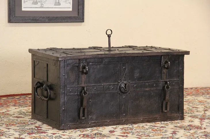 German 1700's Antique Wrought Iron Strongbox, Safe or Treasure Chest