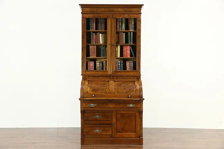 Victorian Eastlake 1885 Antique Walnut Roll Top Secretary Desk & Bookcase