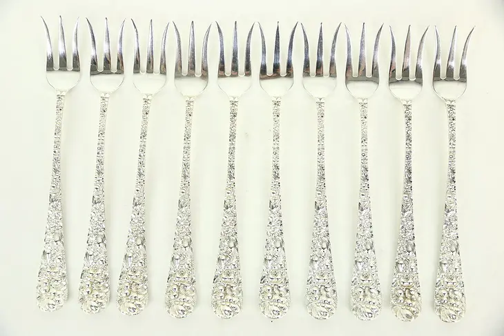 Set of 10 Seafood Cocktail Lemon Forks, Repousse Sterling Silver by Kirk Stieff