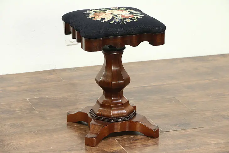 Empire Antique 1840 Rosewood Adjustable Piano or Organ Stool, Needlepoint #28780