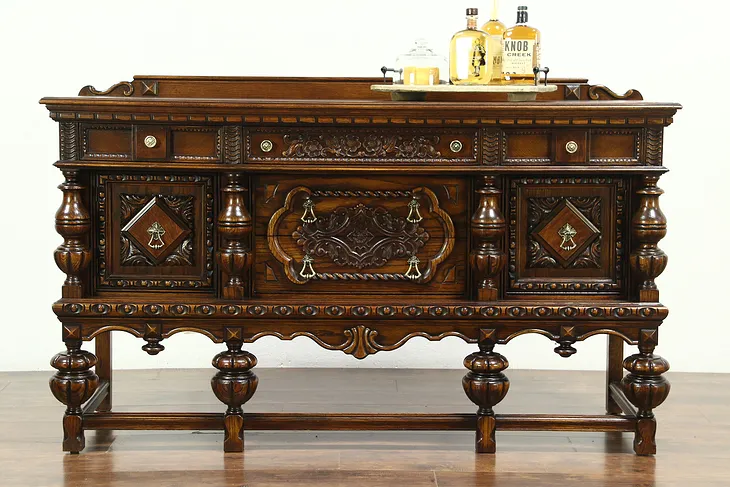 English Tudor Antique 1920's Carved Oak Sideboard, Server or Buffet #28883