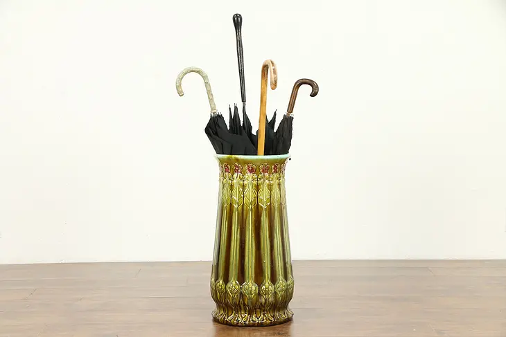 Arts & Crafts Antique Hand Painted Ceramic Cane & Umbrella Stand  #31323