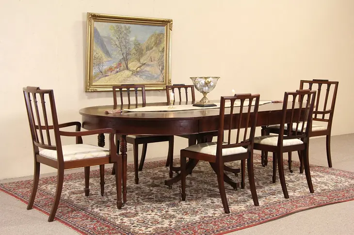 Hepplewhite 1920's Dining Set, Table, 3 Leaves, 6 Chairs, Extends 8' 3"