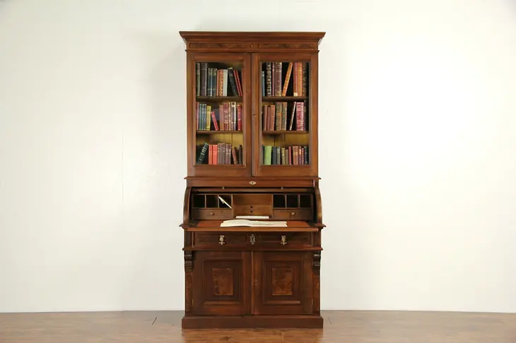 Victorian 1890 Antique Walnut Cylinder Roll Top Secretary Desk & Bookcase