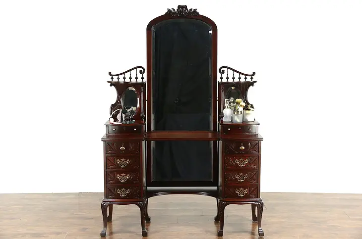 Victorian 1895 Antique Carved Mahogany Dressing Table, Vanity & Dressing Mirror