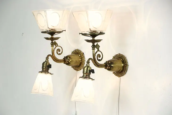 Brass Pair of Antique Wall Sconce Lights, Gas & Electric, Etched Shades