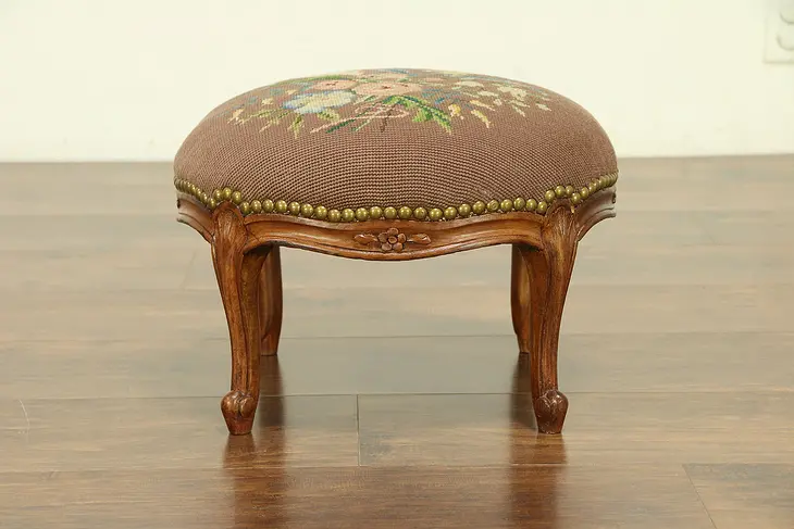 French Antique Round Carved Fruitwood Footstool, Needlepoint Upholstery #30325
