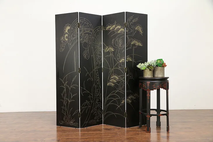 Black Lacquer Hand Painted Vintage 4 Panel Chinese Screen #30639