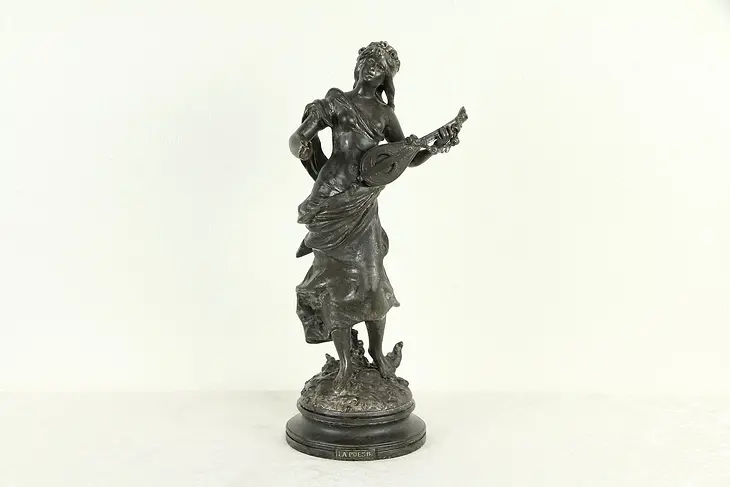La Poesie or Poetry, Antique French Statue, Young Woman & Mandolin #31635