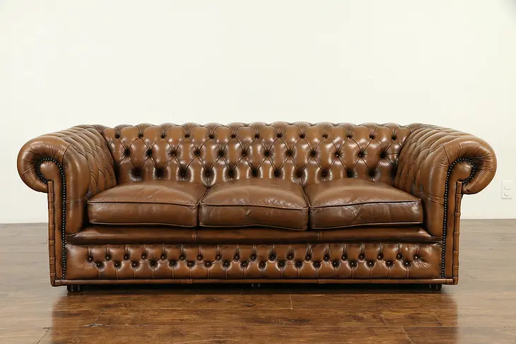 Chesterfield Tufted Brown Leather Vintage Scandinavian Sofa #31752