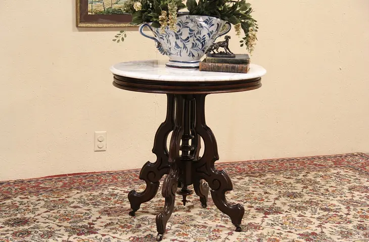 Victorian 1870 Antique Oval Marble Top Parlor Table
