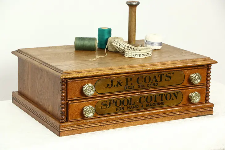 Coats Signed Oak Antique 1890's Spool Cabinet, Jewelry or Collector Chest