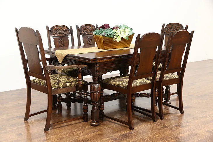 English Tudor Style 1920 Antique Oak Dining Set, 6 Chairs New Upholstery, Table