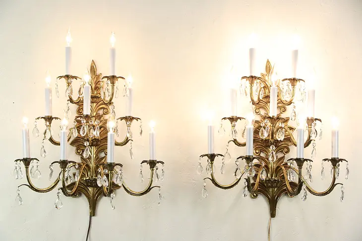 Pair of Brass 9 Candle Brass & Crystal Prism Wall Sconce Lights