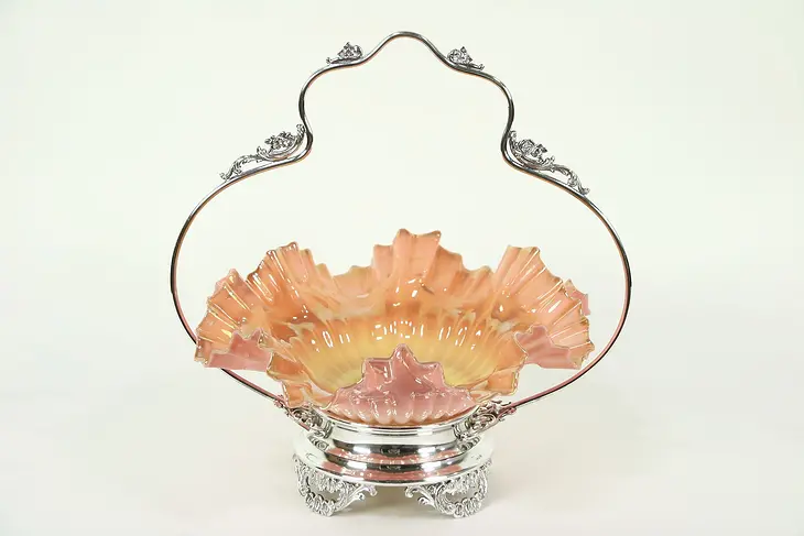 Victorian Antique Bride Basket, Poole Silverplate & Peachblow Glass #28885