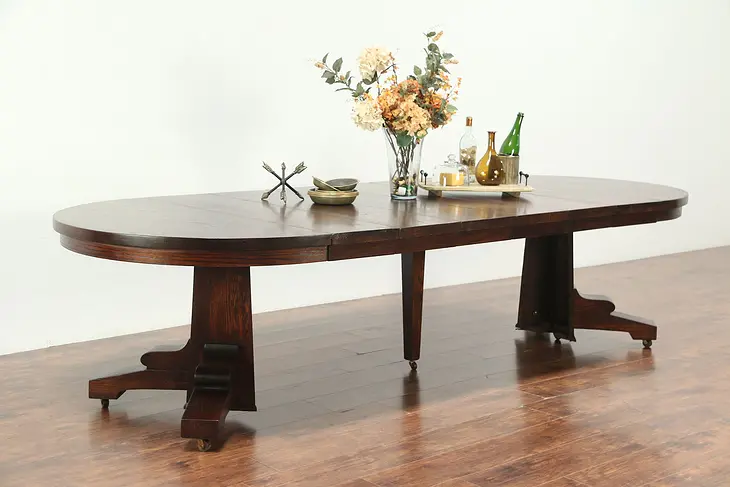 Arts & Crafts Mission Oak 48" Antique Craftsman Dining Table, 6 Leaves #28999