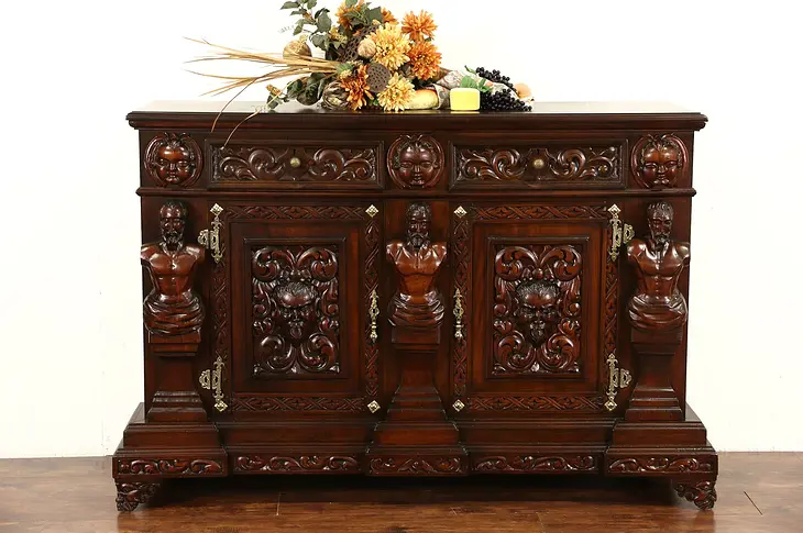 Italian Renaissance Carved Antique 1900 Walnut 64" Sideboard, Server or Console