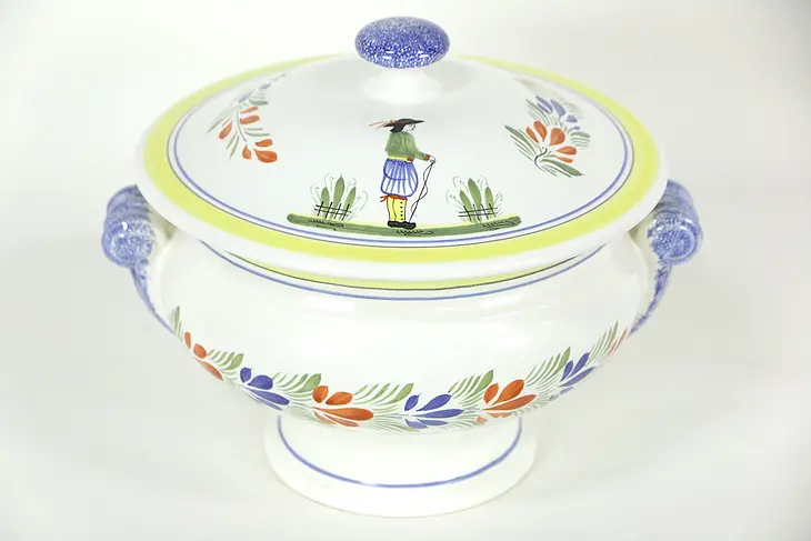 Quimper Signed Hand Painted Covered Casserole or Serving Bowl with Lid