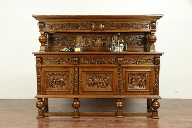 Oak Danish Antique Sideboard or Back Bar Cabinet, Hand Carved Scenes #30478