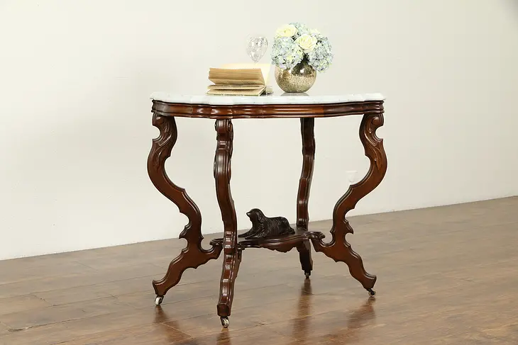 Victorian Antique Walnut Marble Top Parlor or Lamp Table, Carved Dog #31701